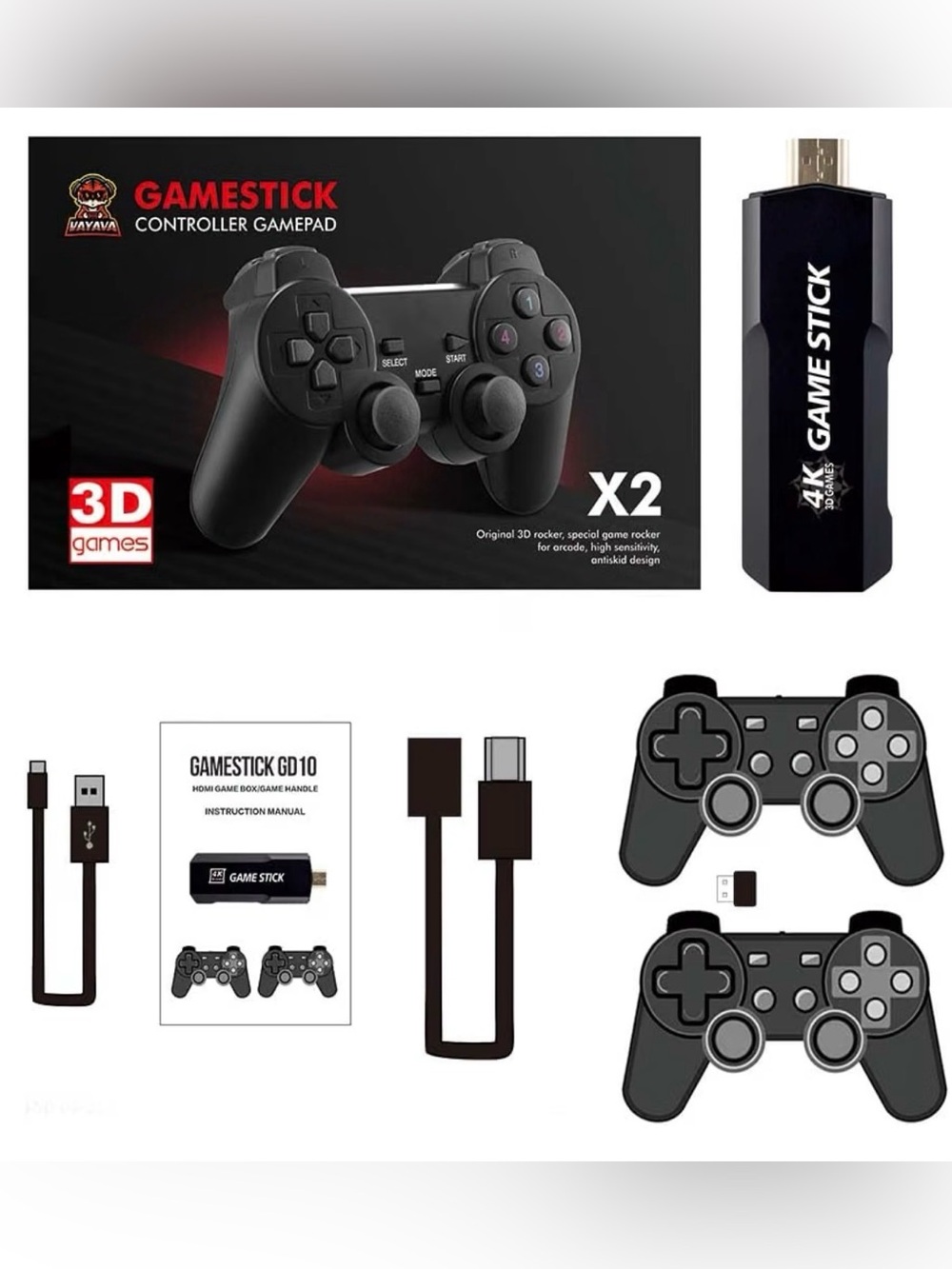 Wireless Dual Controller Kit with 4K Game Stick Adapter - Black